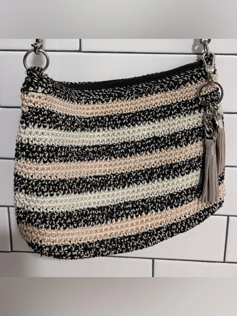 Thr Sak Lumi Crocheted Stripe Shoulder Bag in Black and Cream